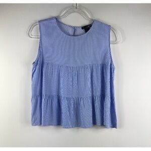 Aqua Pinstriped Ruffle Sleeveless Shirt l Large
